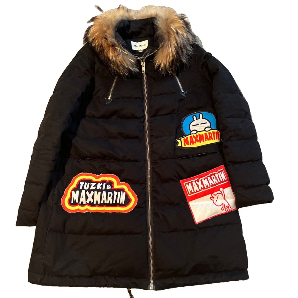 Max Martin Tuzki Down Jacket Women’s Small Fur Collar Black Puffer Patches Anime
